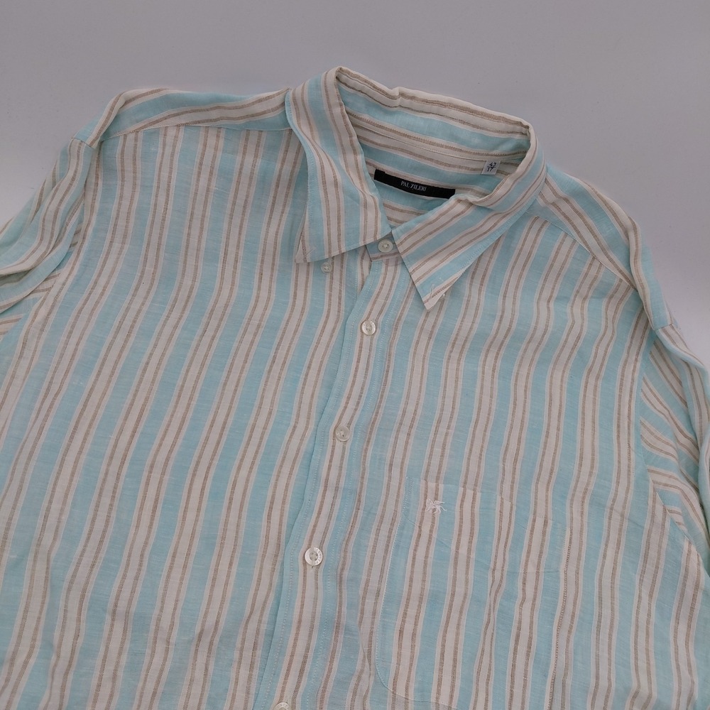 PAL ZILERI 100% Linen Shirt Mens 17/43 Striped Button Down Italy Resort Travel